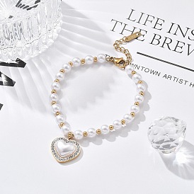 Ion Plating(IP) 304 Stainless Steel Charm Bracelets for Women, with Plastic Pearl & Rhinestone, Heart