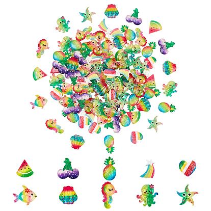 100Pcs 10 Style Resin Cabochons, with Glitter Sequins, Pineapple & Cherry & Watermelon & Starfish & Sea horse & Scallop & Octopus & Fish & Heart & Stars Rainbow