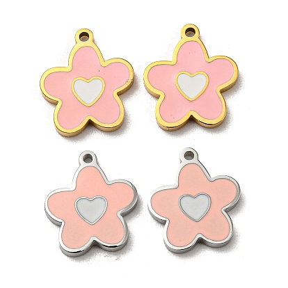 304 Stainless Steel Enamel Charms, Flower with Heart Charms, Pink