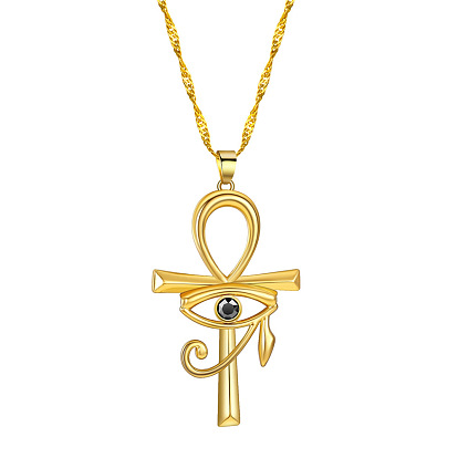 Ankh Cross with Eye of Horus Rhinestone Pendant Necklace, Alloy Jewelry for Men Women