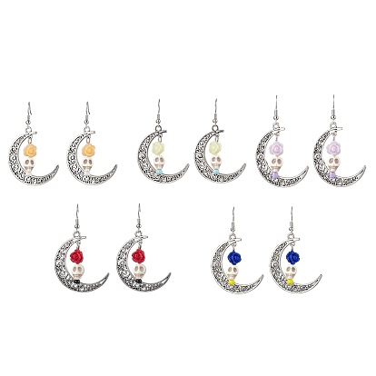 Halloween Alloy Synthetic Turquoise Dangle Earrings,  Brass Resin Earring for Women, Moon with Skull