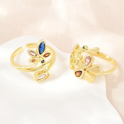 Brass Pave Cubic Zirconia Cuff Open Rings, Flower, Lead Free & Cadmium Free, Long-Lasting Plated, Rack Plating, Real 18K Gold Plated