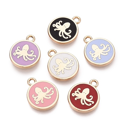 Alloy Enamel Pendants, Rack Plating, Flat Round & Octopus Charms, Golden
