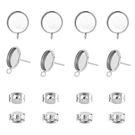 Unicraftale 304 Stainless Steel Stud Earring Settings, with Loop, Flat Round, with Earring Backs