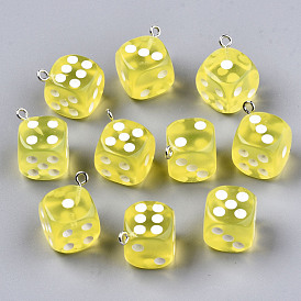 Transparent Epoxy Resin Pendants, with Platinum Plated Iron Loop, Dice