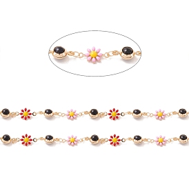 Brass Link Chains, with Glass Flat Round & Enamel Flower Links, Soldered, with Spool, Lead Free & Cadmium Free, Golden