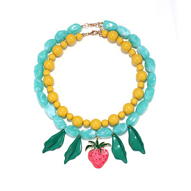 Colliers doubles pour femmes, pendentif feuille de fraise en résine émaillée et alliage, or et de lumière