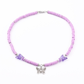 Colliers pendentif papillon en alliage de style tibétain, avec des perles heishi en pâte polymère et des perles rondes en résine