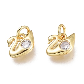 Brass Micro Pave Clear Cubic Zirconia Charms, with Jump Ring, Swan