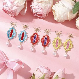 Прозрачные гальванизированные стеклянные бусины ромб с бантом серьги-гвоздики, с цилиндрическими бусинами и 304 соединительными кольцами из нержавеющей стали и {2} фурнитурой для сережек-гвоздиков из АБС-пластика и искусственного жемчуга из латуни, золотые