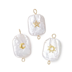 3Pcs 3 Styles Natural Baroque Pearl Keshi Pearl Connector Charms, Rectangle with Sun & Moon Pattern Link