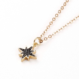 Brass Micro Pave Cubic Zirconia Star Pendant Necklaces, with Lobster Claw Clasps, Black