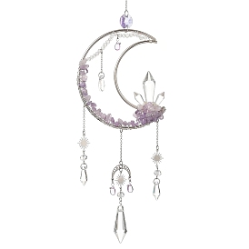 Moon Natural Gemstone & 304 Stainless Steel & Brass Suncatchers, Glass Tassel Decorative Hanging Crystal Prism for Window & Garden