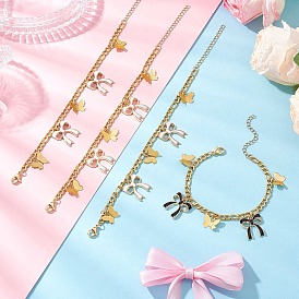 304 из нержавеющей стали Фигаро цепи браслеты, латунные филигранные и эмалевые подвески из сплава с подвесками-браслетами для женщин, бабочка и бантик