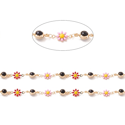 Brass Link Chains, with Glass Flat Round & Enamel Flower Links, Soldered, with Spool, Lead Free & Cadmium Free, Golden