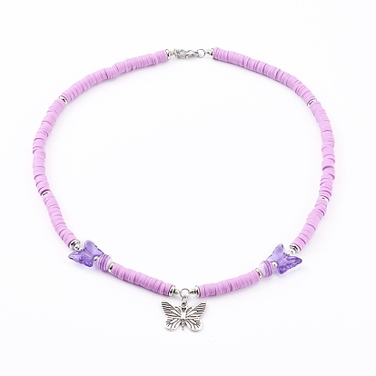 Colliers pendentif papillon en alliage de style tibétain, avec des perles heishi en pâte polymère et des perles rondes en résine