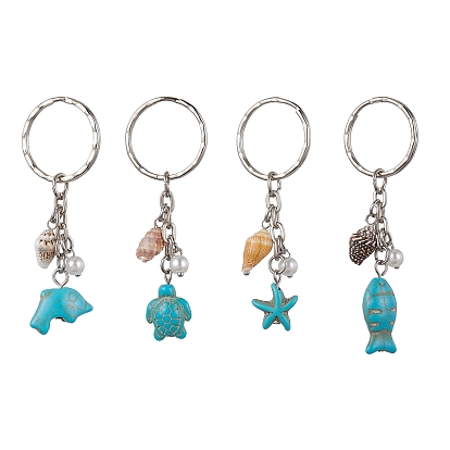 Synthetic Turquoise & Shell Pendant Keychain, with Iron Split Key Rings, Starfish/Sea Turtle/Fish/Dolphin