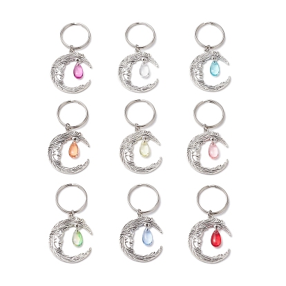 Градиент цвета краска для выпечки прозрачные стеклянные брелки, с разъемными кольцами для ключей из сплава и железа, форма луны, разноцветные