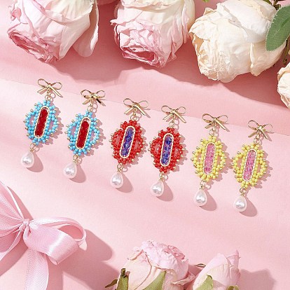 Прозрачные гальванизированные стеклянные бусины ромб с бантом серьги-гвоздики, с цилиндрическими бусинами и 304 соединительными кольцами из нержавеющей стали и {2} фурнитурой для сережек-гвоздиков из АБС-пластика и искусственного жемчуга из латуни, золотые