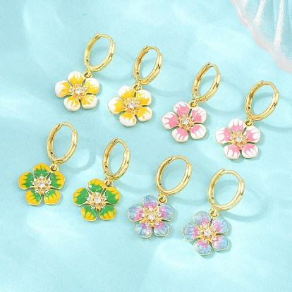 Brass Micro Pave Cubic Zirconia Hoop Dangle Earrings, with Enamel, Flower, Lead Free & Cadmium Free, Rack Plating, Long-Lasting Plated, Real 18K Gold Plated