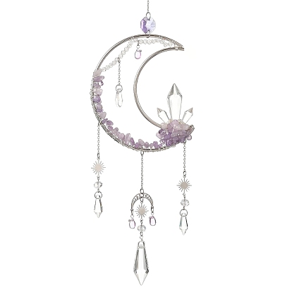 Moon Natural Gemstone & 304 Stainless Steel & Brass Suncatchers, Glass Tassel Decorative Hanging Crystal Prism for Window & Garden