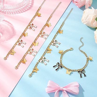 304 из нержавеющей стали Фигаро цепи браслеты, латунные филигранные и эмалевые подвески из сплава с подвесками-браслетами для женщин, бабочка и бантик