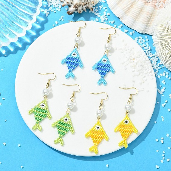 304 Stainless Steel with Glass Cylinder Seed Beads Dangle Earrings, Fish, Real 18K Gold Plated