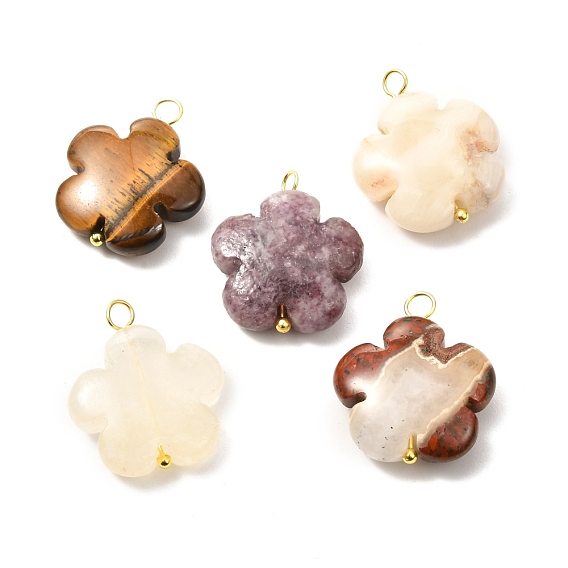 Natural Mixed Gemstone Pendants, with Golden Brass Findings, Flower