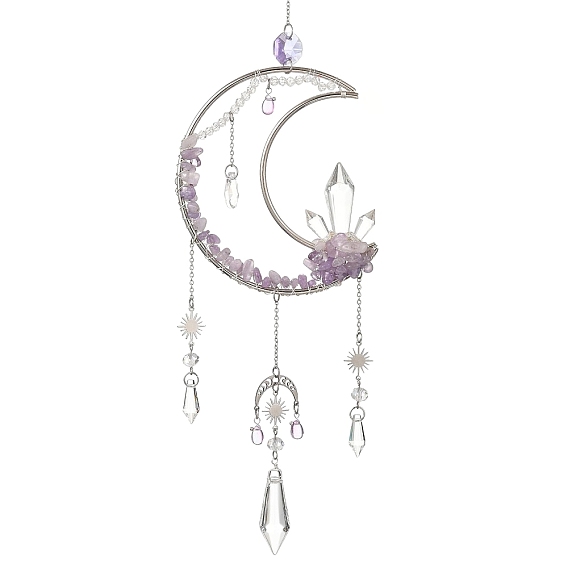 Moon Natural Gemstone & 304 Stainless Steel & Brass Suncatchers, Glass Tassel Decorative Hanging Crystal Prism for Window & Garden