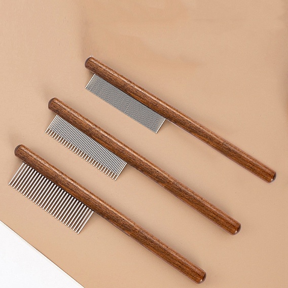 Wood Handle Pet Combs, Cat Dog Grooming Stainless Steel Fine Tooth Hair Combs