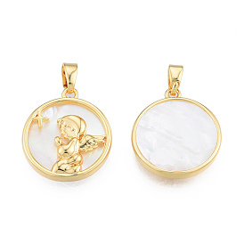 Natural Freshwater Shell Pendants, with Real 18K Gold Plated Brass Findings, Nickel Free, Flat Round Charm with Angel