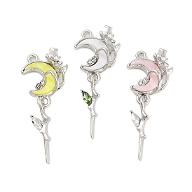 Rack Plating Alloy Rhinestone Pendants, Acrylic Moon with Flower Charms