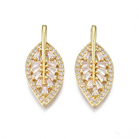 Brass Micro Pave Cubic Zirconia Pendants, Nickel Free, Real 18K Gold Plated, Leaf