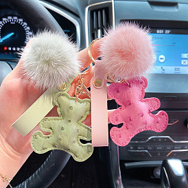 Cute Bear Keychain with Deer Pattern Leather Mascot and Mink Accessories for Fashionable Car Keys, Bags and Pendants