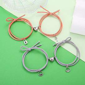 Minimalist Heart Lock Key Couple Bracelet Set with Elastic Cord - Love Promise Jewelry