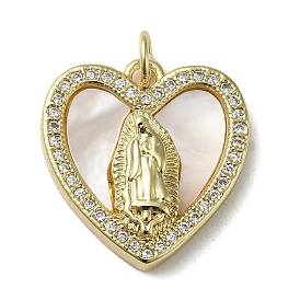 Brass Micro Pave Cubic Zirconia Pendants, with Shell, Heart with Human