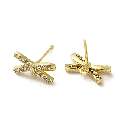 Rack Plating Brass & Cubic Zirconia Stud Earring Findings, Lead Free & Cadmium Free, Long-Lasting Plated, Bowknot