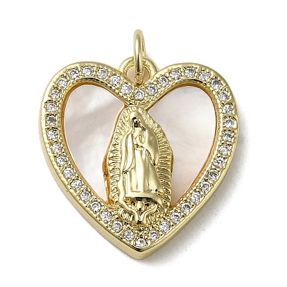 Brass Micro Pave Cubic Zirconia Pendants, Cadmium Free & Lead Free, with Shell, Heart with Human