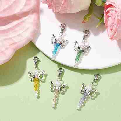 Glass & Round Shell Pearl Bead Angel Pendant Decorations, Tibetan Style Butterfly Alloy Beads and 304 Stainless Steel Findings