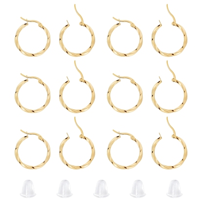 201 Stainless Steel Hoop Earrings, with 304 Stainless Steel Pins and Plastic Ear Nuts, Twisted Ring Shape