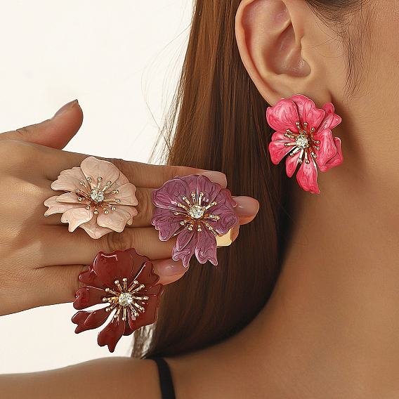 Железные серьги-гвоздики в форме цветка, золотые, со стразами