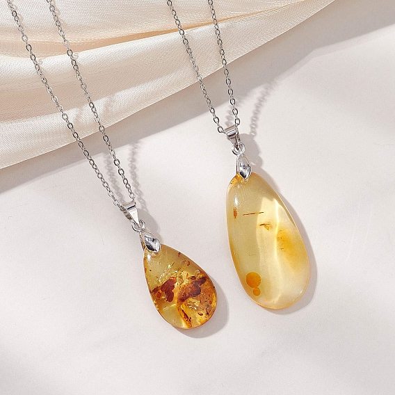 Подвеска в форме капли из натурального янтаря 304 цепочка из нержавеющей стали