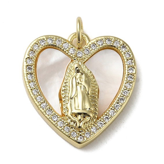 Brass Micro Pave Cubic Zirconia Pendants, Cadmium Free & Lead Free, with Shell, Heart with Human