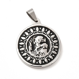 304 Stainless Steel Religion Pendants, Saint Benedict Charms, with Black Enamel, Flat Round