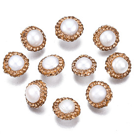 Natural Freshwater Pearl Beads, with Polymer Clay Rhinestone, Flat Round, Chocolate