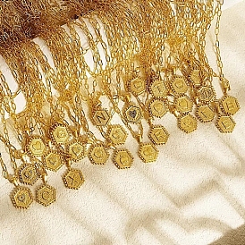 Cadenas de clip de acero inoxidable chapado en oro real 18k collares de doble capa, collar con colgante de hexágono con letra inicial