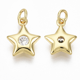 Brass Micro Pave Cubic Zirconia Charms, with Jump Ring, Nickel Free, Star, Clear