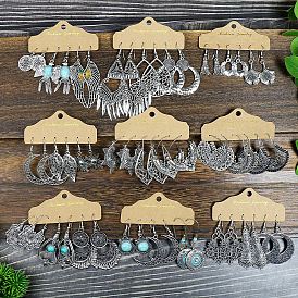 Ancient Silver 3 Pairs Set Earrings Combination Set Decoration Ethnic Tassel Wings Hollow Retro Earrings