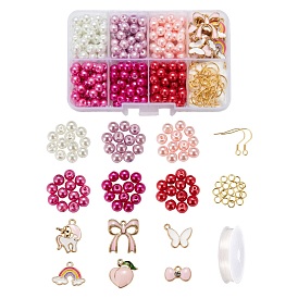 DIY Jewelry Making Kits, Including 6 Colors Baking Painted Pearlized Glass Pearl Round Beads, 6 Style Alloy Enamel Pendants, 304 Stainless Steel Earrings Hooks & Jump Rings, Elastic Crystal Thread
