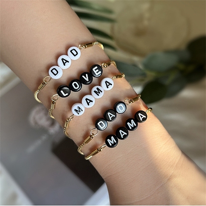 Acrylic Word Beaded Link Slider Bracelet, with Golden 304 Stainless Steel Box Chains